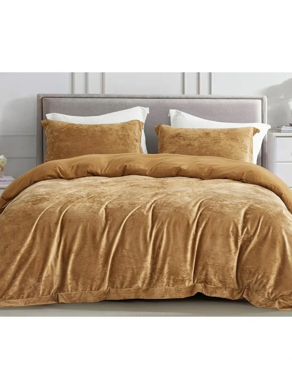 Plush Velvet Duvet Cover Set in gold Queen 3 piece set